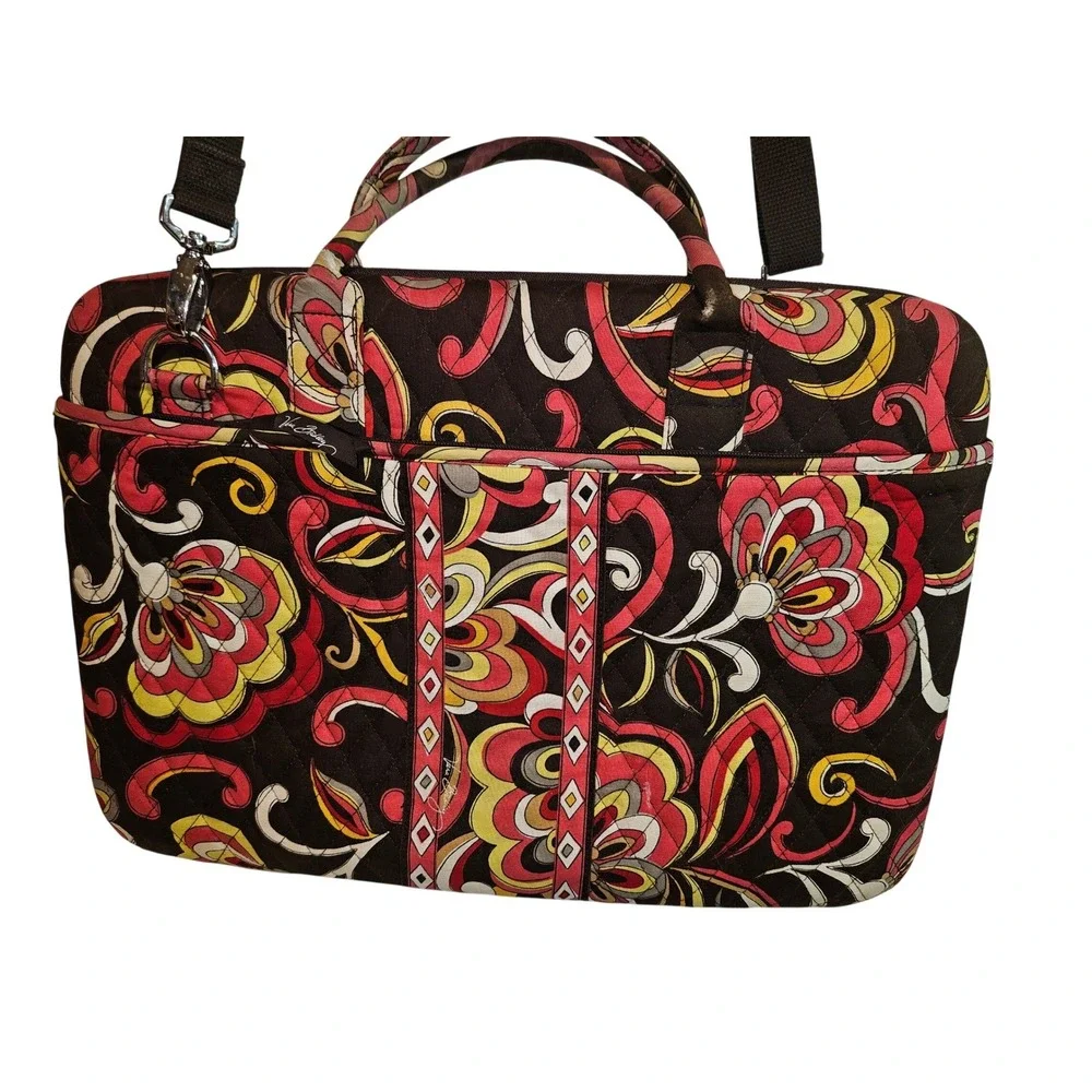 Vera‎ Bradley Folkloric Quilted Laptop Bag Messenger Crossbody Floral Brown Red